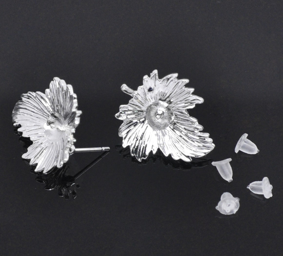 Picture of Zinc Based Alloy Ear Post Stud Earrings Findings Leaf Silver Plated Cabochon Settings (Fits 4mm-10mm Beads) 23mm x 20mm, Post/ Wire Size: (18 gauge), 20 PCs