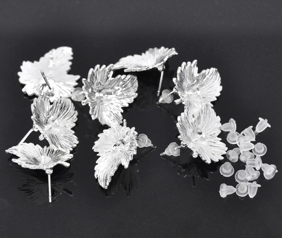 Picture of Zinc Based Alloy Ear Post Stud Earrings Findings Leaf Silver Plated Cabochon Settings (Fits 4mm-10mm Beads) 23mm x 20mm, Post/ Wire Size: (18 gauge), 20 PCs