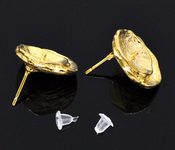 Picture of Zinc Based Alloy Ear Post Stud Earrings Findings Lotus Leaf Gold Plated 17mm x 15mm, Post/ Wire Size: (20 gauge), 20 PCs