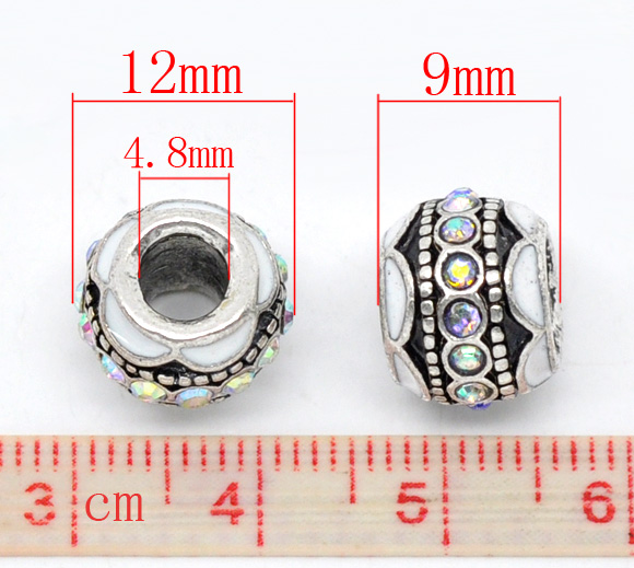 Picture of 10 PCs Zinc Based Alloy European Style Large Hole Charm Beads Antique Silver Color White Round Enamel AB Color Rhinestone 12mm x 9mm, Hole: Approx 4.8mm
