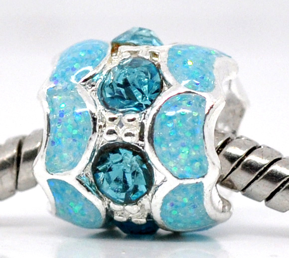 Picture of Zinc Metal Alloy European Style Large Hole Charm Beads Round Silver Plated Aqua Blue Enamel Aqua Blue Rhinestone About 11mm x 10mm, Hole: Approx 4.7mm, 10 PCs