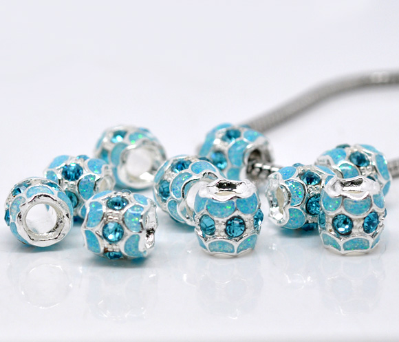 Picture of Zinc Metal Alloy European Style Large Hole Charm Beads Round Silver Plated Aqua Blue Enamel Aqua Blue Rhinestone About 11mm x 10mm, Hole: Approx 4.7mm, 10 PCs