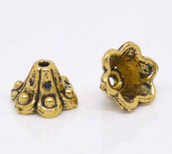 Picture of Zinc Based Alloy Beads Caps Flower Gold Tone Antique Gold Dot Pattern (Fits 8mm Beads) 10mm x 5mm, 100 PCs