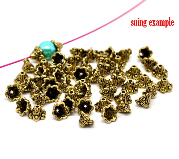 Picture of Zinc Based Alloy Beads Caps Flower Gold Tone Antique Gold Dot Pattern (Fits 8mm Beads) 10mm x 5mm, 100 PCs