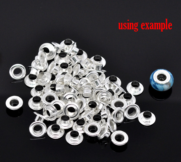 Picture of Brass European Style Beads Eyelets Grommets Cores Silver Plated (Fit Beads Hole: 5.5mm) 10mm x4.5mm, 500 PCs