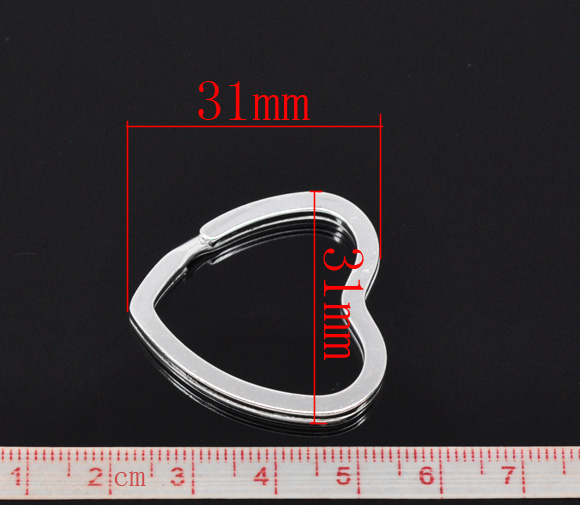 Picture of Iron Based Alloy Keychain & Keyring Heart Silver Plated 3.1cm x 3.1cm, 10 PCs
