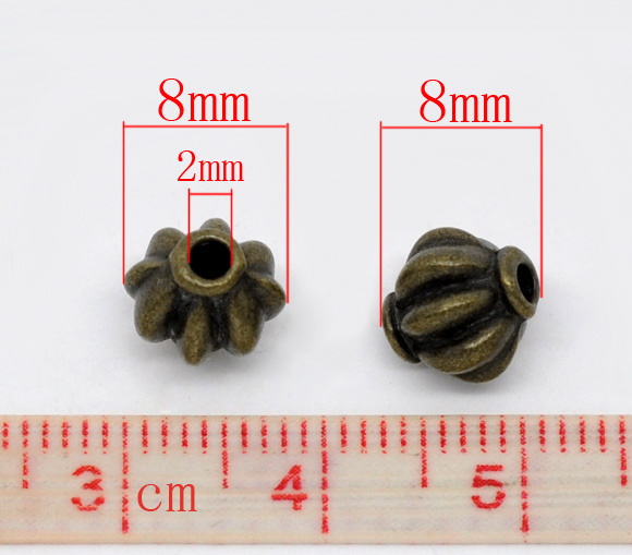 Image de Perle en Alliage de Zinc Lanterne Bronze Antique 8mm x 8mm, Taille de Trou: 2mm, 60 PCs