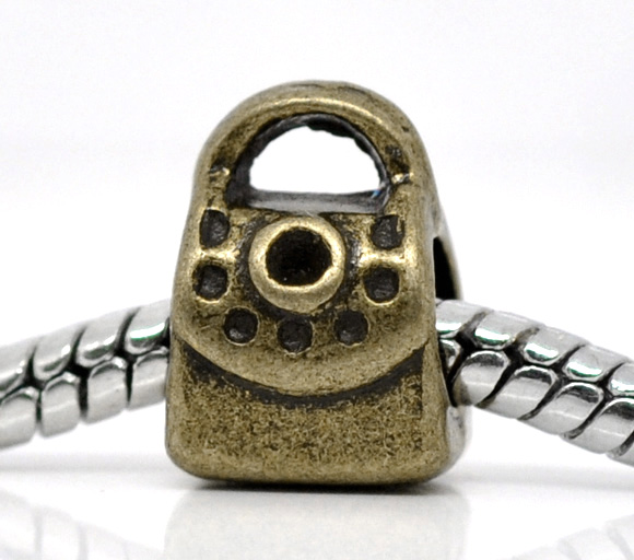 Picture of Zinc Based Alloy European Style Large Hole Charm Beads Handbag Antique Bronze (Fits 1mm Rhinestone) 11mm( 3/8") x 9mm( 3/8"), Hole: Approx 5mm, 30 PCs