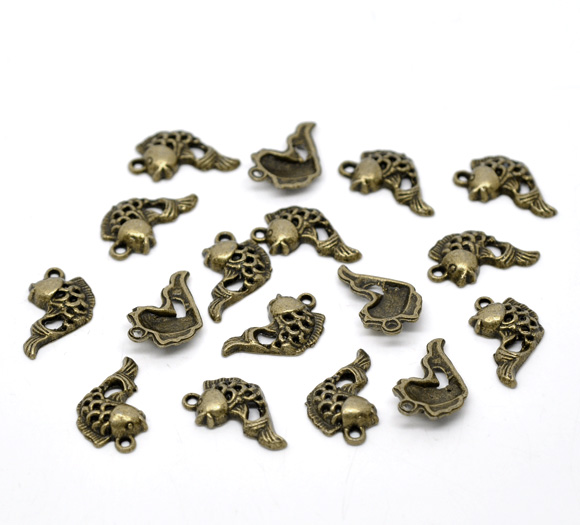 Imagen de Colgantes Aleación del Metal Del Zinc de Pez Tono Bronce Rhinestone 20.0mm x 12.0mm, 40 Unidades 