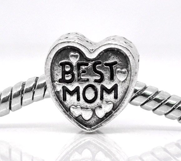 Picture of Zinc Metal Alloy European Style Large Hole Charm Beads Heart Antique Silver Color Message "BEST MOM" Carved About 11mm x 11mm, Hole: Approx 5.1mm, 20 PCs