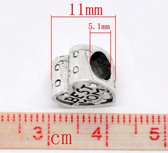 Picture of Zinc Metal Alloy European Style Large Hole Charm Beads Heart Antique Silver Color Message "BEST MOM" Carved About 11mm x 11mm, Hole: Approx 5.1mm, 20 PCs