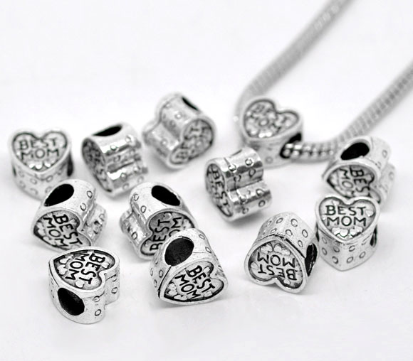 Picture of Zinc Metal Alloy European Style Large Hole Charm Beads Heart Antique Silver Color Message "BEST MOM" Carved About 11mm x 11mm, Hole: Approx 5.1mm, 20 PCs