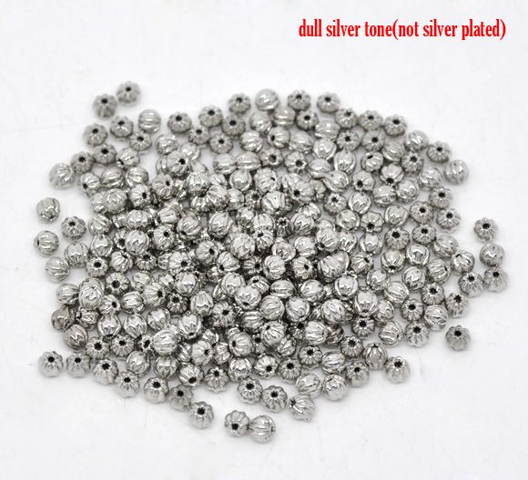 Picture of Brass Seed Beads Pumpkin Silver Tone Stripe Carved About 3mm( 1/8") Dia, Hole: Approx 0.7mm, 300 PCs