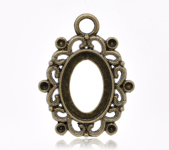 Picture of Zinc Based Alloy Cabochon Setting Pendants Oval Antique Bronze (Fit 18.2x13.2mm, Can Hold ss8 Rhinestone) 3.4cm x 2.6cm, 10 PCs