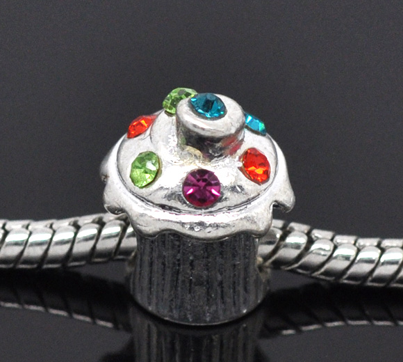 Bild von Zinklegierung European Stil Charm Großlochperlen Versilbert Bunt Strass Kuchen 14x11mm, 10 Stücke