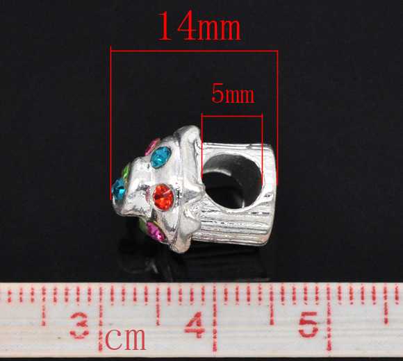 Bild von Zinklegierung European Stil Charm Großlochperlen Versilbert Bunt Strass Kuchen 14x11mm, 10 Stücke