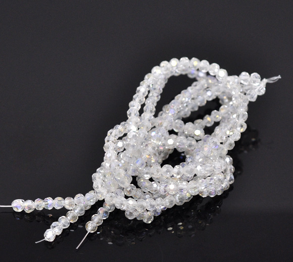 クリスタルガラスビーズ ボール 白 ABカラー 透明 ファセット・カット 約 4mm直径、 穴：約 0.8mm、 35cm長さ、 3 連 （約 100PCS /一連） の画像