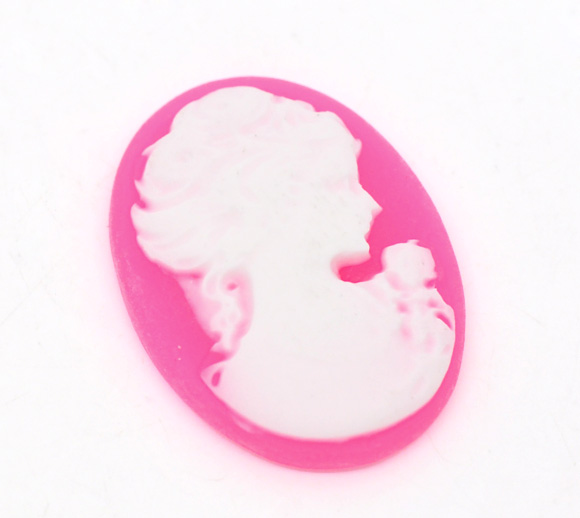 Picture of Resin Cabochon Cameo Oval Fuchsia & White Beauty Lady 24mm(1") x 18mm( 6/8"), 50 PCs