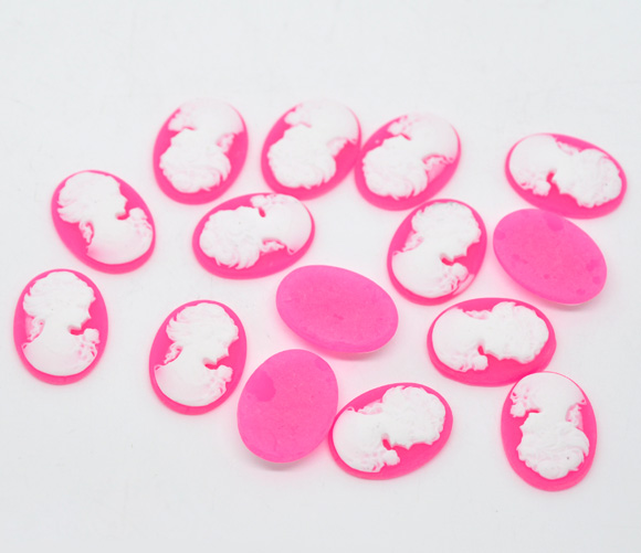 Picture of Resin Cabochon Cameo Oval Fuchsia & White Beauty Lady 24mm(1") x 18mm( 6/8"), 50 PCs