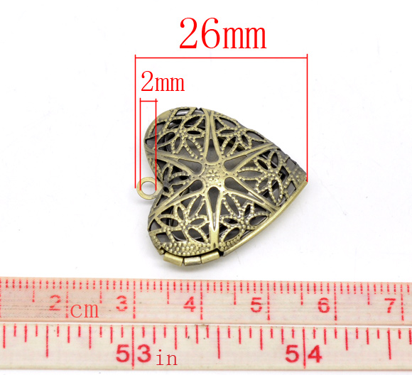 Picture of Brass Picture Photo Locket Frame Pendants Heart Antique Bronze (Fits 18.7mm x 13.7mm) 26mm(1") x 26mm(1"), 1 Piece