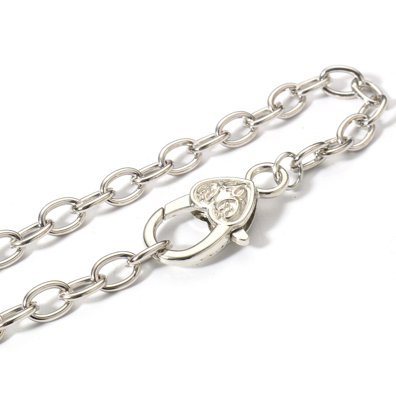 Picture of Zinc Metal Alloy Heart Lobster Clasp Cable Chain Bracelets Silver Tone 20cm(7 7/8") long, 5 PCs