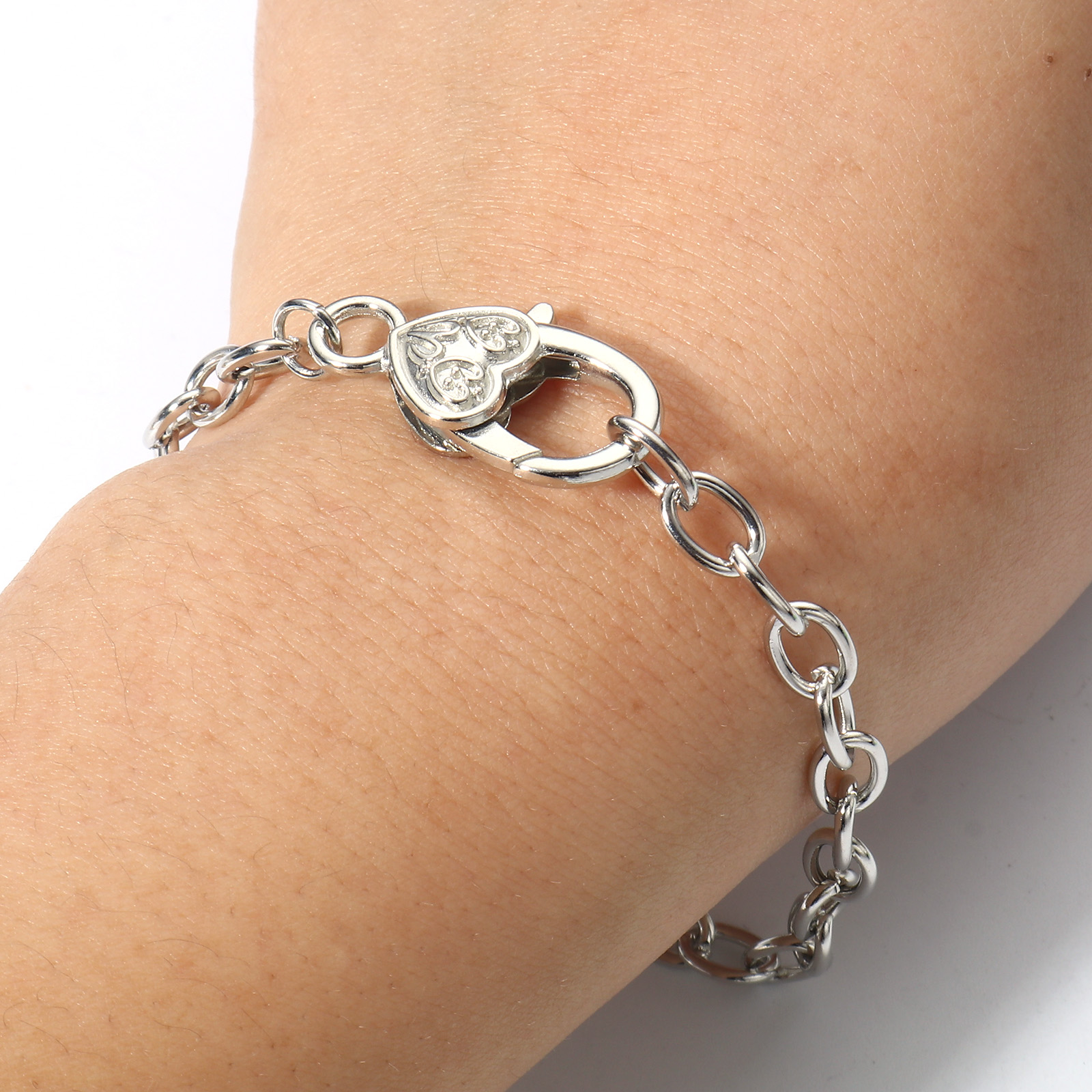 Picture of Zinc Metal Alloy Heart Lobster Clasp Cable Chain Bracelets Silver Tone 20cm(7 7/8") long, 5 PCs