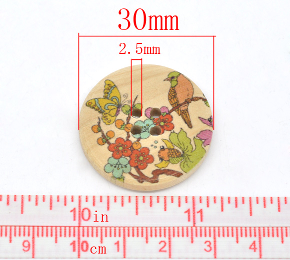 Picture of Natural Wood Sewing Buttons Scrapbooking 4 Holes Round Multicolor Flower Pattern 3cm(1 1/8") Dia, 20 PCs
