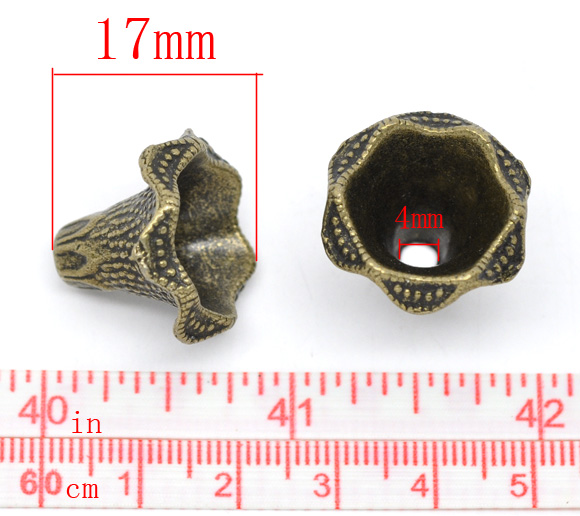 Bild von Zinklegierung Perlkappen Petunie Bronzefarbe (für 20mm Perlen) 22mm x 17mm 10 Stück