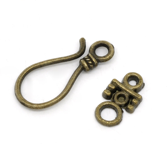 Picture of Antique Bronze Hook Toggle Clasps Findings 23x10mm 14x8mm, sold per packet of 50 sets