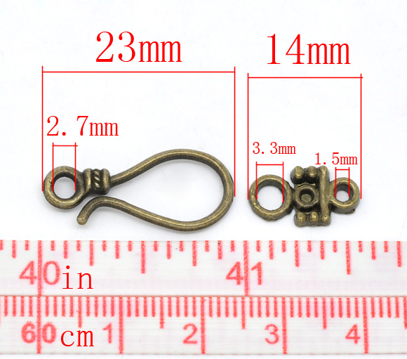 Picture of Antique Bronze Hook Toggle Clasps Findings 23x10mm 14x8mm, sold per packet of 50 sets