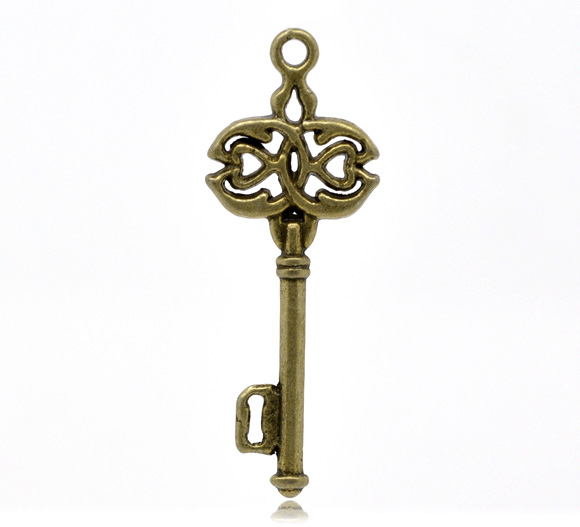 Imagen de Colgantes Aleación del Metal Del Zinc de Llave,Hueco Tono Bronce Rhinestone 4.5cm x 17.0mm, 30 Unidades 