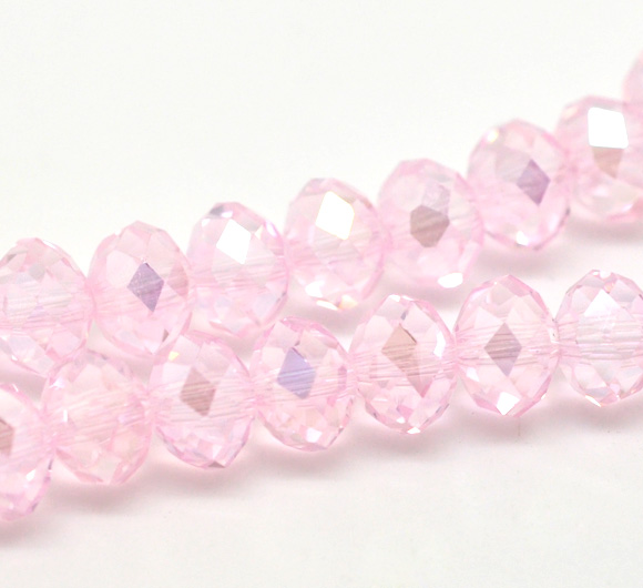 Picture of 2 Strands (Approx 72 PCs/Strand) Glass Beads For DIY Jewelry Making Abacus Light Pink AB Rainbow Color Transparent Faceted About 8mm Dia, Hole: Approx 1mm, 42cm(16 4/8") long