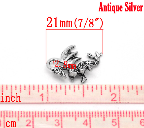 Picture of Zinc Based Alloy Charms Winged Dragon Animal Antique Silver Color 21mm( 7/8") x 14mm( 4/8"), 50 PCs