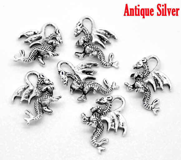 Picture of Zinc Based Alloy Charms Winged Dragon Animal Antique Silver Color 21mm( 7/8") x 14mm( 4/8"), 50 PCs