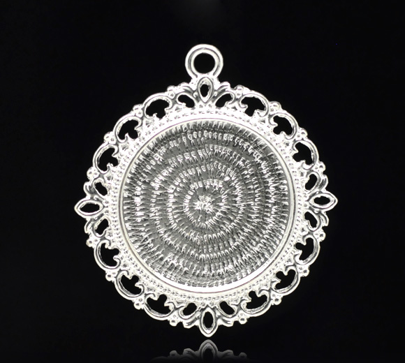 Picture of Zinc Based Alloy Cabochon Setting Pendants Round Disc Silver Plated (Fits 25.3mm Dia) 4.4cm x 4cm, 5 PCs