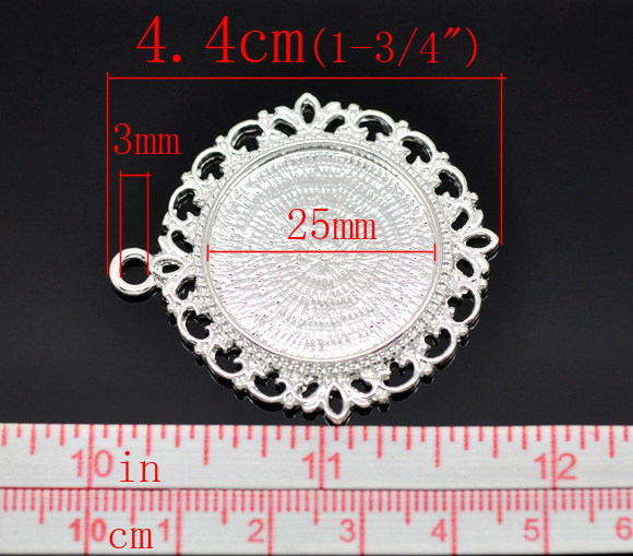 Picture of Zinc Based Alloy Cabochon Setting Pendants Round Disc Silver Plated (Fits 25.3mm Dia) 4.4cm x 4cm, 5 PCs