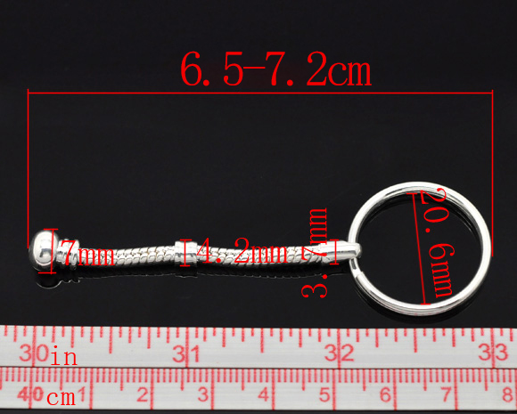 Picture of Zinc Based Alloy European Style Keychain & Keyring Round Silver Plated 7.2cm-6.5cm, 5 Sets