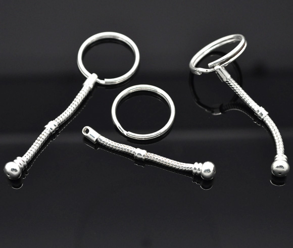 Picture of Zinc Based Alloy European Style Keychain & Keyring Round Silver Plated 7.2cm-6.5cm, 5 Sets