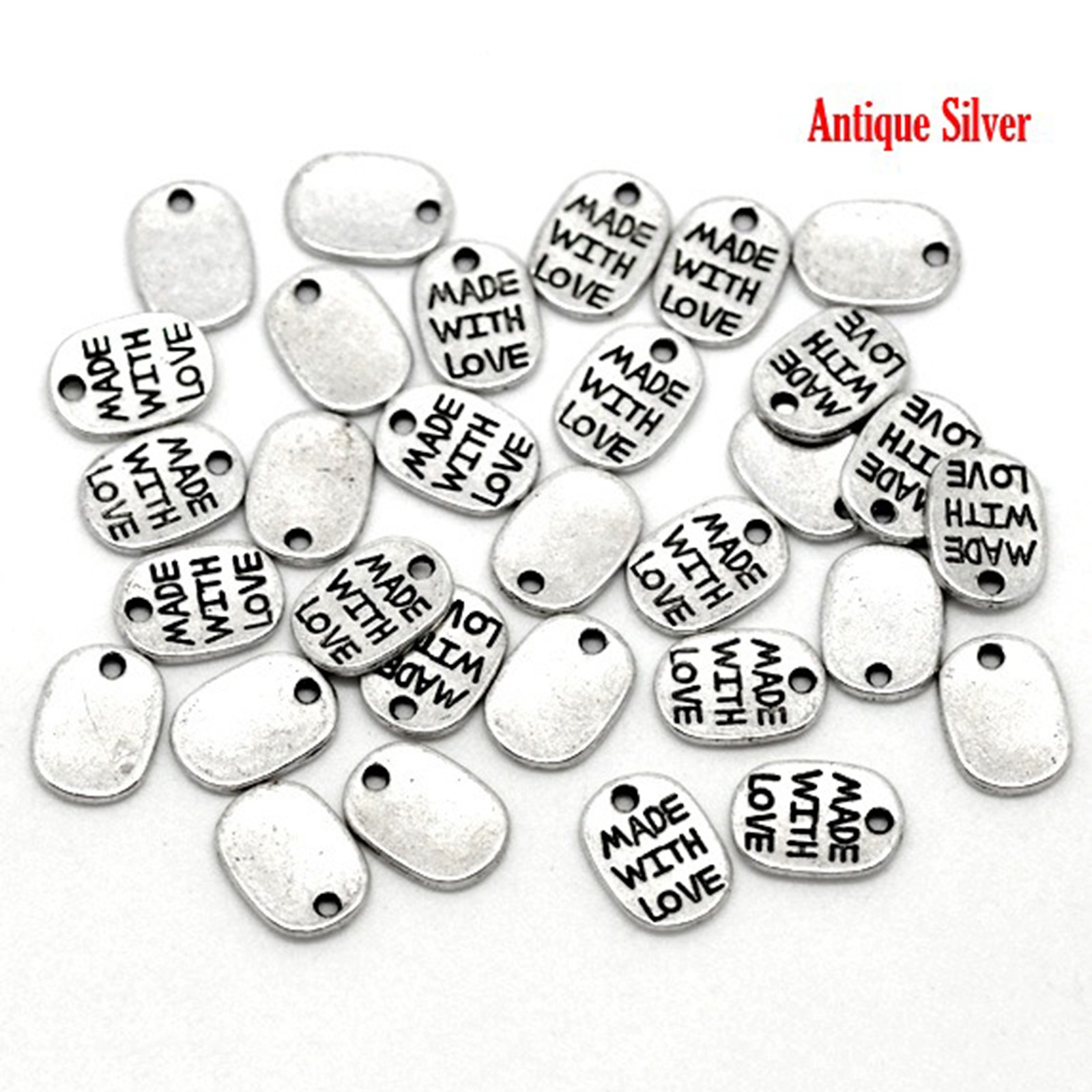 Picture of Zinc Based Alloy Charms Oval Antique Silver Color Message " made with love " Carved 11mm( 3/8") x 8mm( 3/8"), 200 PCs