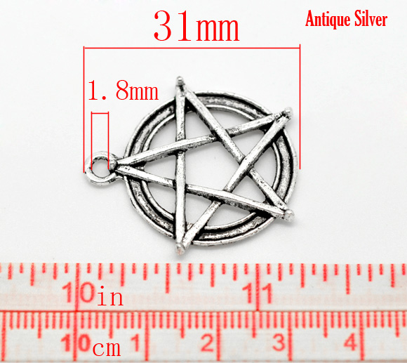 Imagen de Colgantes Aleación del Metal Del Zinc pentáculo Estrellas de cinco puntos Plata Antigua Rhinestone 31mm(1 2/8") x 28mm(1 1/8"), 20 Unidades