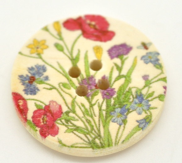 Picture of Natural Wood Sewing Buttons Scrapbooking 4 Holes Round Multicolor Flower Pattern 3cm(1 1/8") Dia, 30 PCs