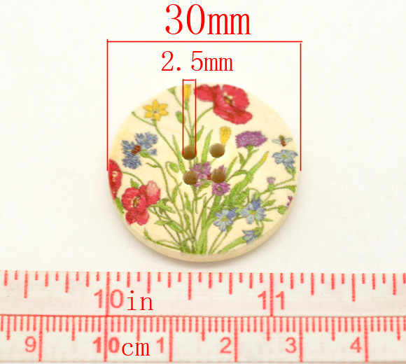 Picture of Natural Wood Sewing Buttons Scrapbooking 4 Holes Round Multicolor Flower Pattern 3cm(1 1/8") Dia, 30 PCs