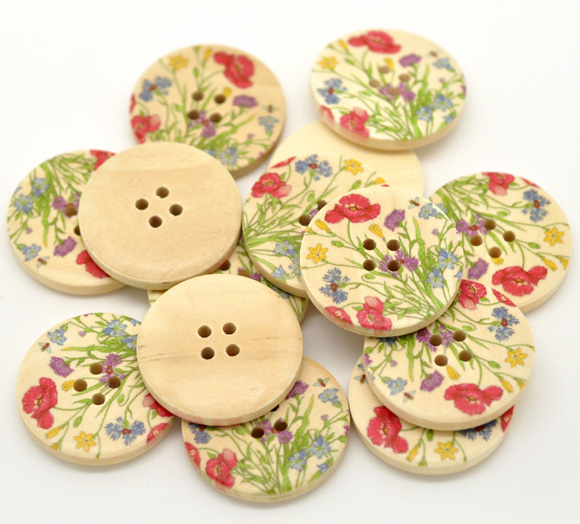 Picture of Natural Wood Sewing Buttons Scrapbooking 4 Holes Round Multicolor Flower Pattern 3cm(1 1/8") Dia, 30 PCs
