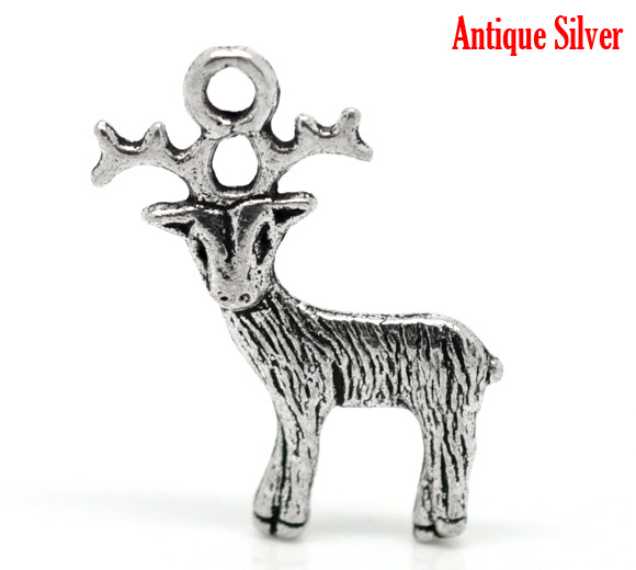 Imagen de Colgantes Aleación del Metal Del Zinc de Ciervo Reno Navidad Plata Antigua Rhinestone 24.0mm x 19.0mm, 50 Unidades 