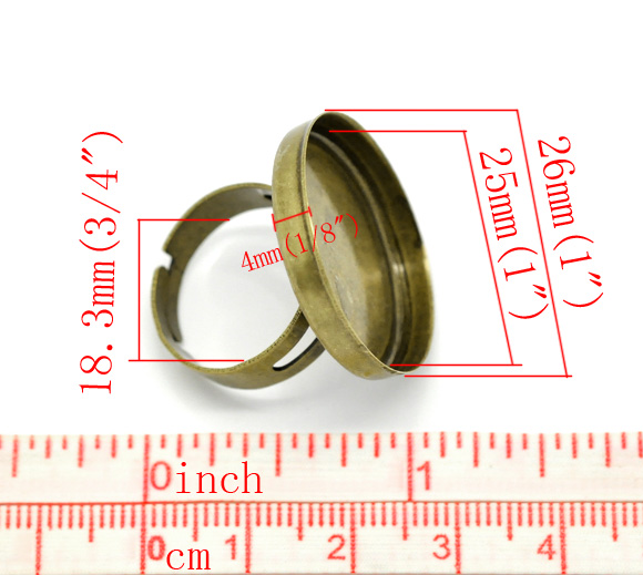 真鍮 アジャスタブル 指輪 リング 円形 真鍮古美 25mm丸皿 18.3mm(日本サイズ約16号) 10 個 の画像