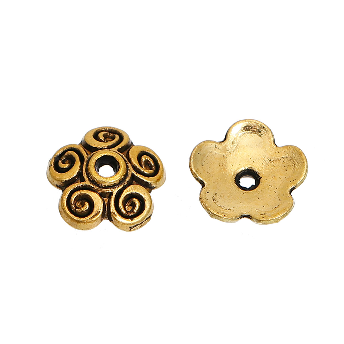 Picture of Zinc Based Alloy Beads Caps Flower Gold Tone Antique Gold Carved Pattern (Fit Beads Size: 12mm-18mm Dia.) 10mm Dia, 100 PCs