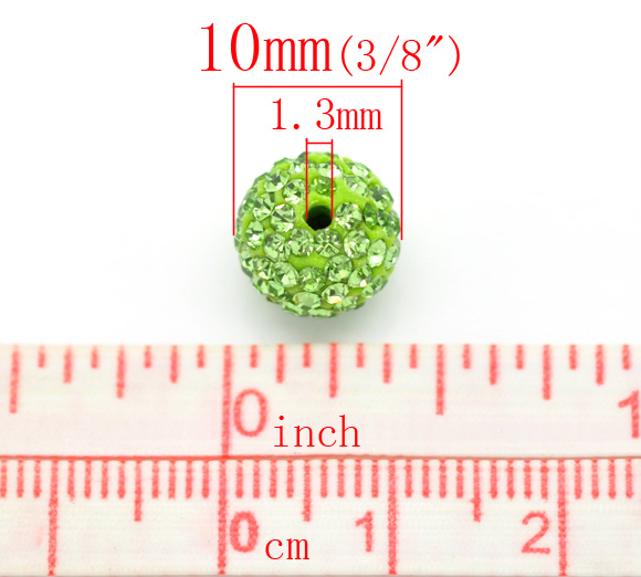Picture of Polymer Clay & Rhinestone Beads Ball Green Rhinestone About 10mm Dia, Hole: Approx 1.3mm, 2 PCs