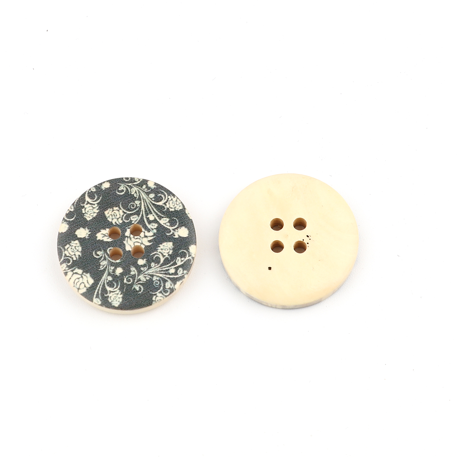 Picture of Natural Wood Sewing Buttons Scrapbooking 4 Holes Round Black Flower Pattern 3cm(1 1/8") Dia, 30 PCs
