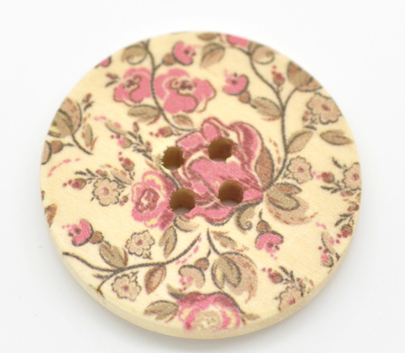 Picture of Natural Wood Sewing Buttons Scrapbooking 4 Holes Round Multicolor Flower Pattern 3cm(1 1/8") Dia, 30 PCs
