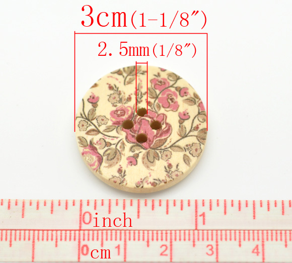 Picture of Natural Wood Sewing Buttons Scrapbooking 4 Holes Round Multicolor Flower Pattern 3cm(1 1/8") Dia, 30 PCs